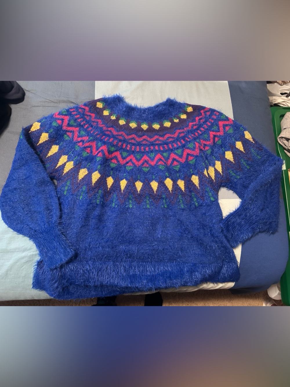 80s Retro Inspired Royal Blue Fuzzy Fair Isle Turtleneck Sweater